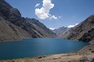 Laguna de Inca, black Andean mountains, behind Portillo hotel, in Chile.