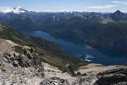 Monte Tronador, deep blue below Lago Nahuel Huapi, view from Cerro Lopez, all in Argentina.