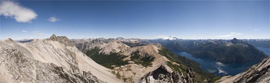 Panorama from Cerro Lopez, Patagonian Andes, Rio Negro, Argentina. The glacier is Monte Tronador, Volcac Osorno in the distance next to it, the lake is Nahuel Huapi.