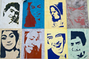 On a wall imprinted Warhol like colored faces.