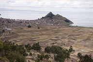 Bolivia, Copacabana, Titicaca, haze over lake.