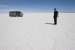 On Uyuni salt flats, Van in back, Bolivia.