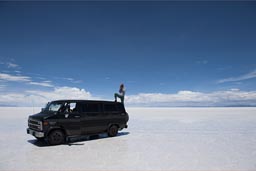 Taking a photo he climbs on back of van, Austrian Flo Lauber.