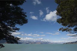 View of O'Higgins lake from Candelario Mancilla north.