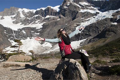Sitting on a stone, Christina in French Valley,  Glaciar Frances behind.