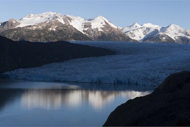 Hielo Sur in sun in back, Grey Glacier in shade, cold early morning 2nd day, Torres del Paine, Chile.