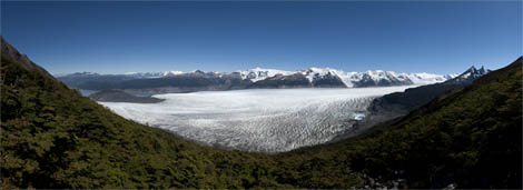 Panorama photography of Grey Glacier from above, Torres del Paine, Chile.