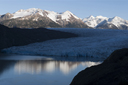 Hielo Sur in sun in back, Grey Glacier in shade, cold early morning 2nd day, Torres del Paine, Chile.