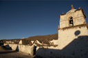Late sun and a bit of shade, deep bleu sky on Parinacota white church, up on 4,600m, Northern chile, 