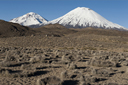 Snowcapped Pomerape and Parinacota volcanoes.