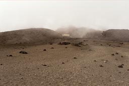 View back up to the refuge, Cotopaxi in fog.