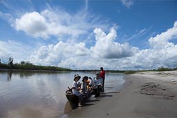 Canoe journey. A short rest on banks of Huallaga River. Peru.