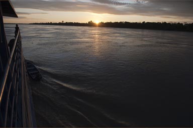 Down on Maranon River, morning sunrise. Peru, jungle.