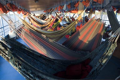 In morning light and passengers still sleep. On Maranon River, Peru.