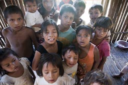 Cocama Cocamilla children all enthusiastic and curious. Peru, Loreto.