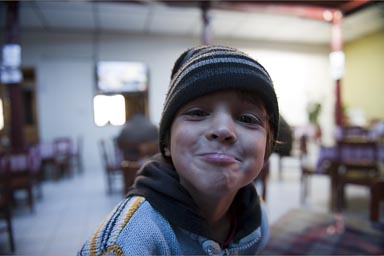 Daniel, restaurant Cajamarca, breakfast funny faces.