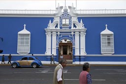Blue house on plaza des armas. Trujillo, Peru.