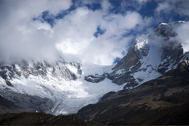 Glacier between Chopicalqui and Huascaran, Cordillera Blanca, Peru.