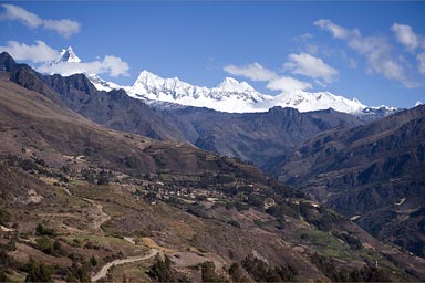 View from above Yanama, Cordillera Blana snoy mountain range, Peru.