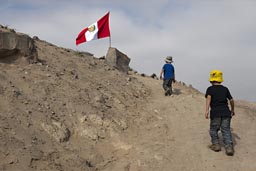 And there is a Peruvian flag, mirador to overlook the Caral archaeological site, Peru.