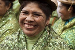 All in green bollera, Puno woman, Lima Independence Day celebrations in Peru. 