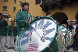 This is loud, makes a big woom, boom, bass drums in a line, Lima Independence Day, Peru. This is loud, makes a big woom, boom, bass drums in a line, Lima Independence Day, Peru.