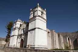 White church of Cabanaconde, Colca Canyon, Peru.