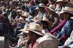 All in hats, sun beats down on a fully packed bull fighting arena, fiesta grande, Huambo, Peru.