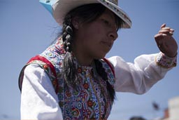 Andean woman, decorated blouse, Arequipa Day, Peru.