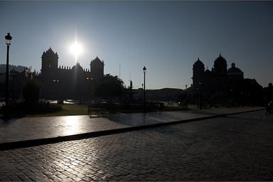 Sun satnds over cathedral on plaza de armas in Cuzco/Cusco, Peru. I have my camera back, I must return now, to Cusco, one day.
