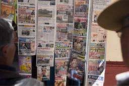 Peru, frontpages of newspapers, people read them on streets all over Peru, here in Puno.