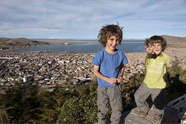 From Condor Hill, 4,017m, view over Puno and Lake Titicaca, Peru 