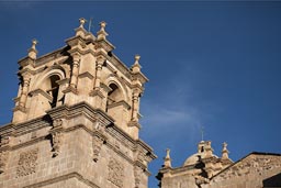 One of the clock towers of Puno cathedral, Peru.