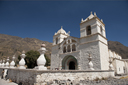 Stone church, white wash, Maca in Colca Valley, Peru.