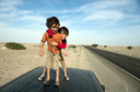 My boys, top of van, Pan Americana, Sechura desert, Northern Peru.