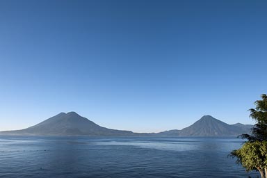 Lake Atitlan from Panajachel, Vocanos San Pedro right, Toliman, Atitlan left.