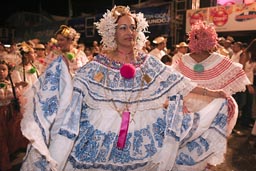 Panamanian woman in pollera all present and former carnival queens, Las Tablas, Panama.