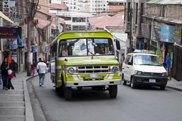 Green Dodge bus in Calle Santa Cruz, central La Paz, Bolivia.